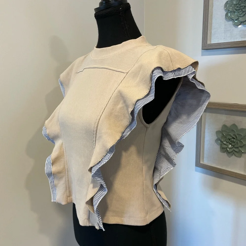 Anthropologie Nautical Ruffle Blouse With Back Buttons EUC - Picture 2 of 14
